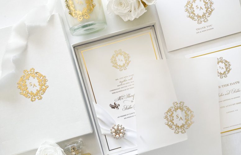 Gold and White Wedding Invitation in a Box by Leonie Gordon Design